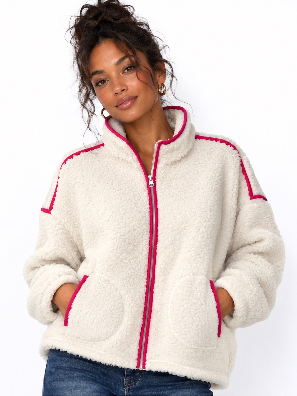 Cream Sherpa Zip Jacket with Pink Trim - Women
